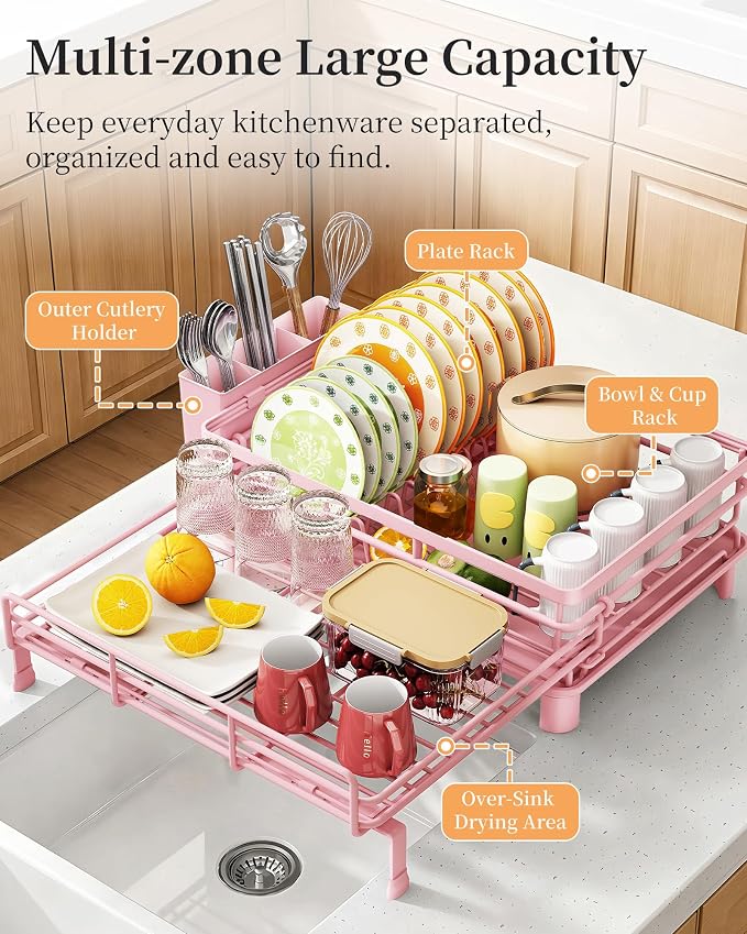 SAYZH Expandable Dish Drying Rack for Kitchen Counter, Metal, Pink | Foldable Over Sink, Large Capacity, Rust-Resistant, Adjustable for Most Sinks, Automatic Drainage, Removable Utensil Holder - Image 4