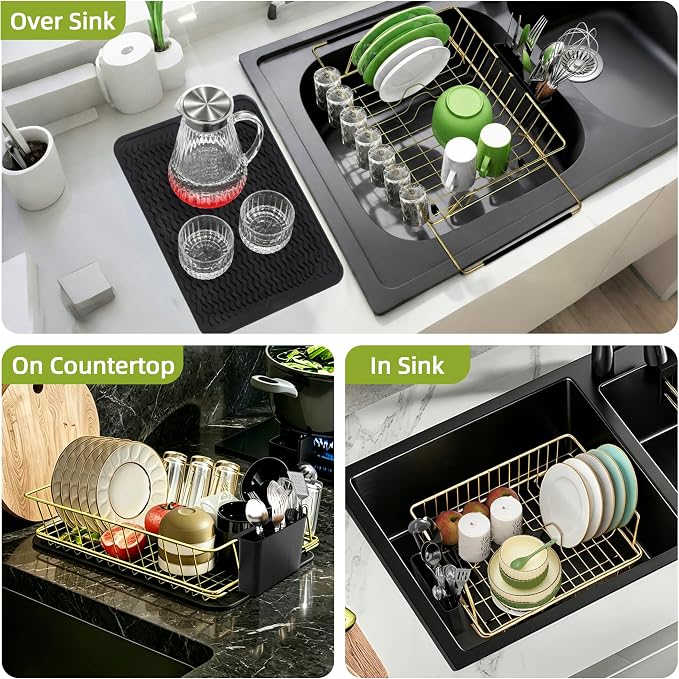 Golden Expandable Dish Drying Rack-Extra Large Stainless Steel Dish Drainer Over The Sink for Kitchen Countertop with Utensil Holder, Applicable for Sink Width 16'-22' (Gold,23.2'*12.2') - Image 4