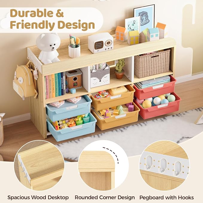 Classroom Storage Organizer with 6 Bins, 3 Shelves and Pegboard, Rainbow | 6 pull-out bins, 3 open cubbies, child-height access, easy-clean storage for Kid room,playrooms, classrooms and craft rooms - Image 4