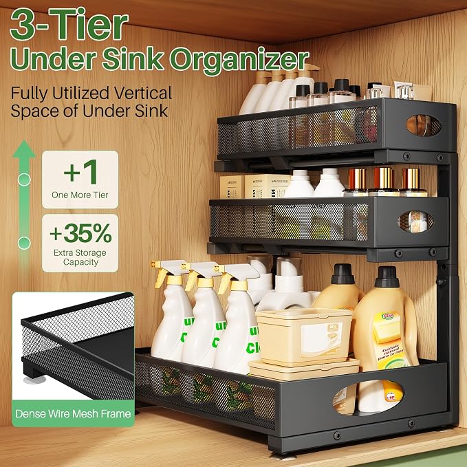 Kitstorack Under Sink Organizer 3-Tier Slide Out Drawer 1-Pack Black | Height Adjustable, Metal Mesh Storage Rack, Pull out Cabinet Organizer Shelf for Bathroom Kitchen Pantry Home Organization - Image 3