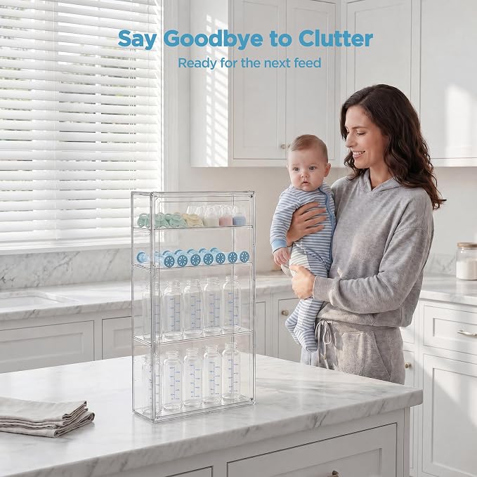 HBlife Baby Bottle Storage Organizer for Wall Countertop Cabinet, 4 Tiers Adjustable Clear Acrylic Bottles Storage Station Case Box Container with 3 Removable Dividers and Magnetic Door, Large - Image 6
