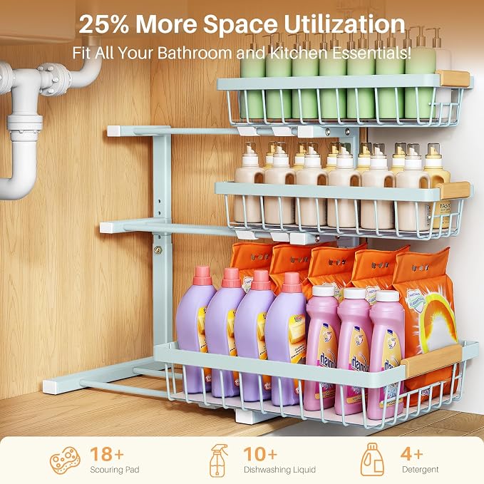 PXRACK Under Sink Organizer, 1-Pack 3-Tier Height Adjustable Thickened Metal Pull out Cabinet Organizer Shelf, Slide out Storage Drawer Rack for Bathroom Kitchen Pantry Home Organization, LightBlue - Image 4