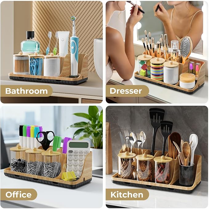 Bathrooms Toothbrush Holder Set with 3 PCS Qtip Holder (Wood Grain) | Easy to clean, Drainage, Detachable, Non-Slip, Kids Electric Toothbrush and Toothpaste Holder for Bathroom Counter Organizer - Image 7