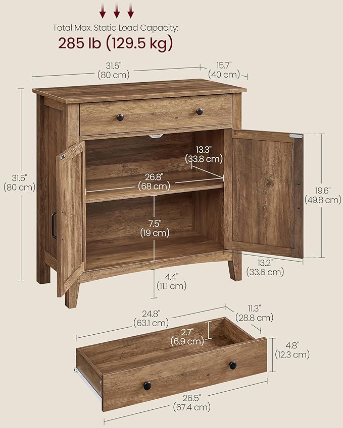 VASAGLE LIRY Collection - Buffet Cabinet, Coffee Bar Cabinet with a Drawer, Adjustable Shelf, Sideboard Storage with Cable Hole, Drawer Divider, Honey Brown UBBK341K01 - Image 2