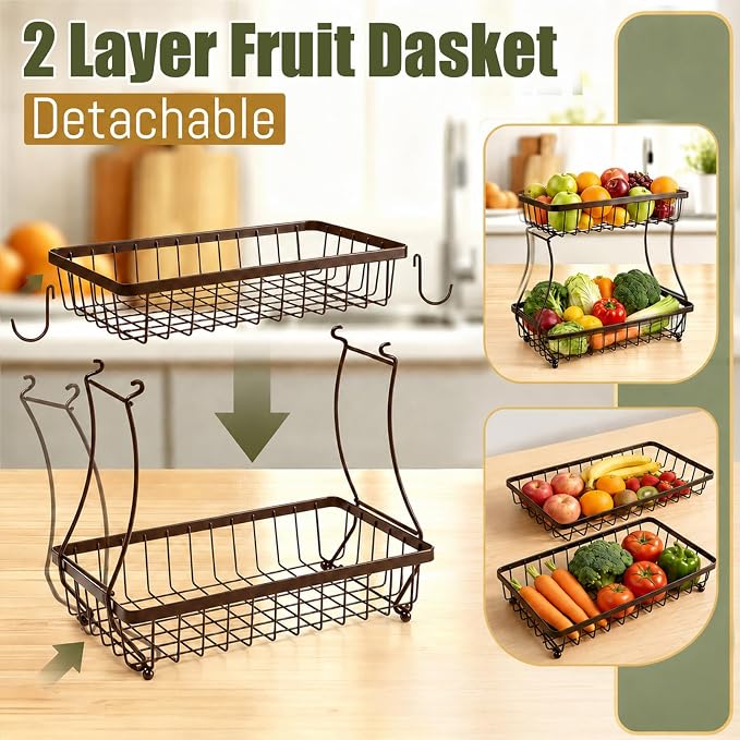 2-Tier Fruit Basket for Kitchen Counter with 2 Banana Hangers | Large Metal Fruit Bowl, Versatile Holder for Veggies, Produce Storage, 12.5"×7.5"×12"-Bronze - Image 3
