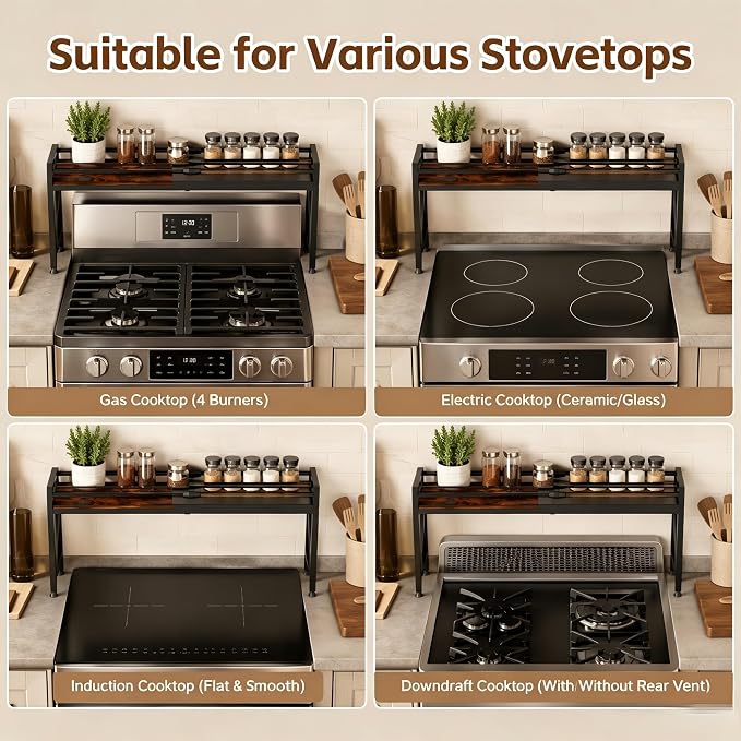 Over the Stove Shelf, Adjustable Spice Shelf for Kitchen, Sink | Rustic Metal & Wood Shelf Organizer | Extendable & 3 Level Adjustable Height Spice Rack for Back of Stove - Image 5