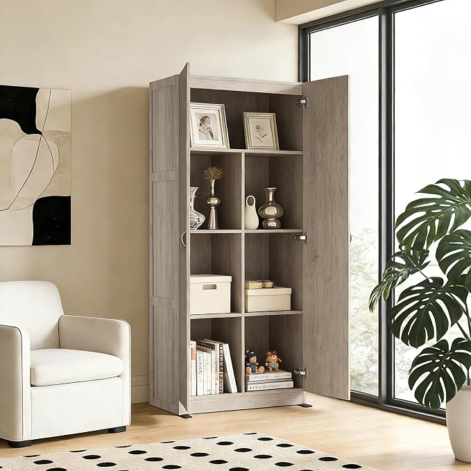 DUMOS Tall Storage Cabinet with Doors and Shelves, Kitchen Pantry Cabinet | 71'' Wood Storage Freestanding Wooden Cabinets for Bedroom, Pantry, Home Office, Dining Room & Living Room, Grey - Image 5