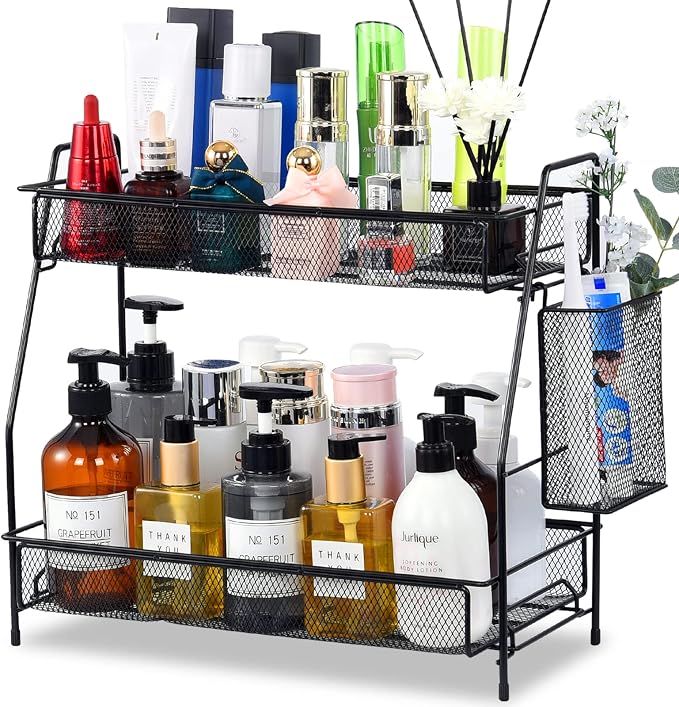 Large Countertop Organizer for Bathroom Counter, Bathroom Organizers and Storage, Under Sink Organizer Spice Rack Organizer for Kitchen with Basket(Black) by LemikkleDirect