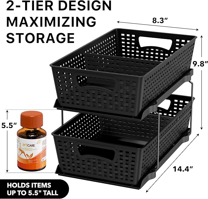 Simple Houseware 2 Tier Pull-Out Sliding Drawer Under Sink Storage, Black | Great for Kitchen Bathroom Tray Shelf Organizer - Image 2
