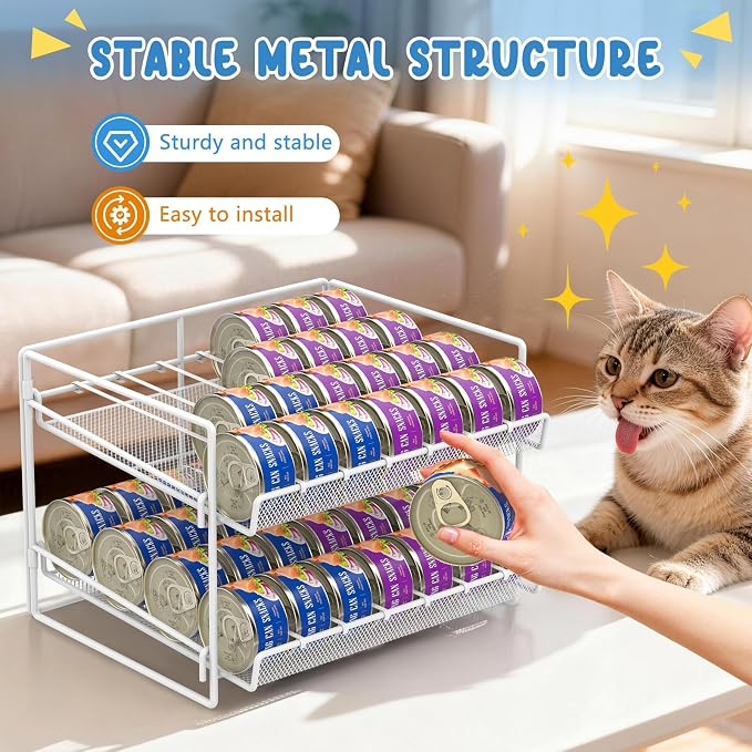 Cat Food Can Organizer 2-Tier Can Organizer for Pantry 56 Cans 3.5oz | White metal 2-tier cat food can organizer,Holds 56 cans 3.5oz,Adjustable pantry countertop storage for kitchen counter - Image 3