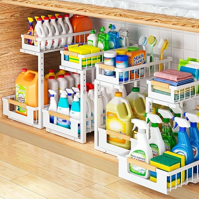 Under Sink Organizer, 2 Tier Pull Out Cabinet Organizer with 5 Adjustable Heights, Metal Under Sink Storage with Sliding Drawers for Kitchen, Bathroom, Pantry and Laundry Room, 4-Pack White by GUUKAR