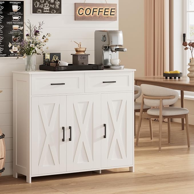 Homhedy Coffee Bar Storage Cabinet with Drawers, Kitchen Buffet Cabinet | Sideboard Cabinet with Doors, Farmhouse Buffet Cabinet, Adjustable Shelves, for Kitchen / Dining / Living Room, White by Homhedy