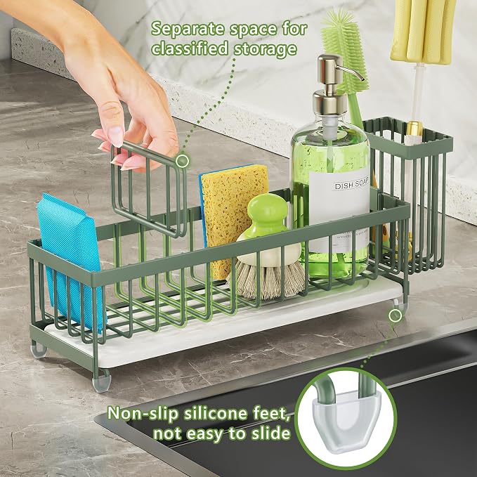 Cisily Extra Large Sink Caddy Organizer with Drying Stone, Sage Green Sponge Holder for Kitchen, Dish Brush Holder for Countertop, Kitchen Decor Storage and Essentials - Image 6