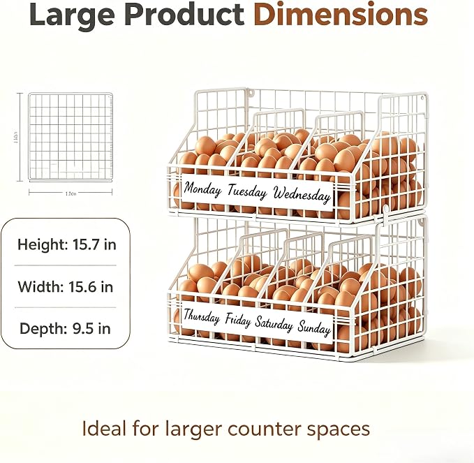 Egg Holder Countertop, Large 2T Chicken Egg Basket for Gathering Fresh Eggs | Egg Storage Organizer with Adjustable 5 Divider & Label, Stackable Wall Mounted Egg Collecting Basket Rack, XXL White - Image 2