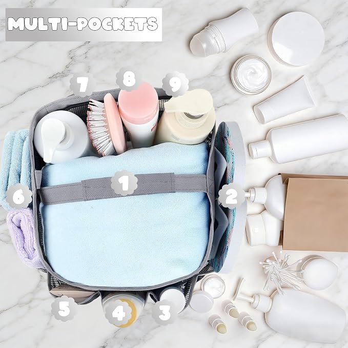 Mesh Shower Caddy Portable - 9 Pockets for College Dorm Room Essential | Large Capacity Mesh Shower Caddy with 9 Pockets, Portable Hanging Toiletry Bag for College Dorm, Gym, Camping and Beach - Image 4