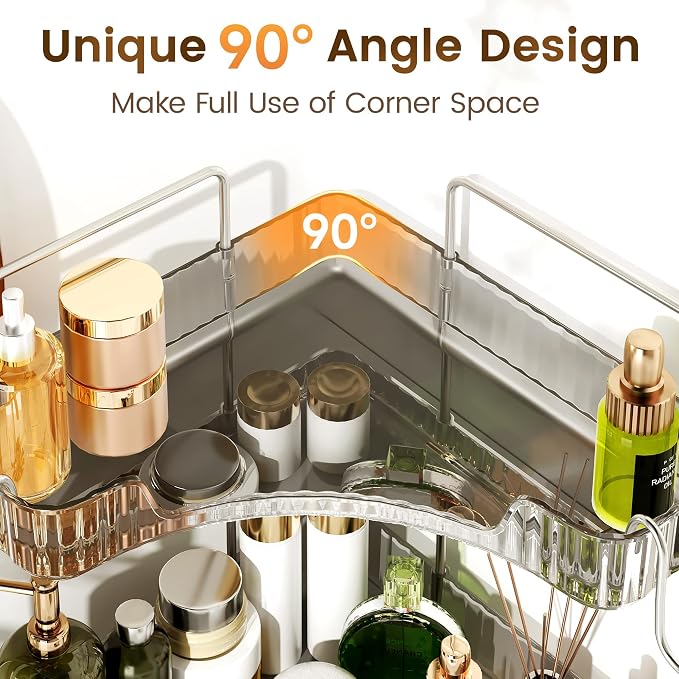 Corner Counter Organizer, 2-Tier Bathroom & Kitchen Storage Tray | Grey Vanity Organizer Storage Countertop with Hooks for Skincare, Makeup & Jewelry - Image 3