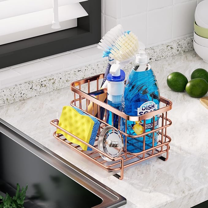 HapiRm Multifunctional Kitchen Sink Organizer, Large Sink Caddy with Drain Tray, SUS304 Stainless Steel Rustproof Sponge Holder for Kitchen Countertop - Rose Gold - Image 4