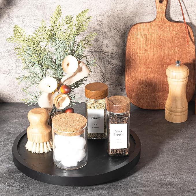 Wood Lazy Susan Organizer Kitchen Turntable for Cabinet Farmhouse Bathroom Decor Round Decorative Tray for Vanity, Counter, Sink, Coffee Table, 10 Inch, Black | waterpoof, East clean, Non-slip, Pantry Table Decorative Tray for condiment, spice - Image 2