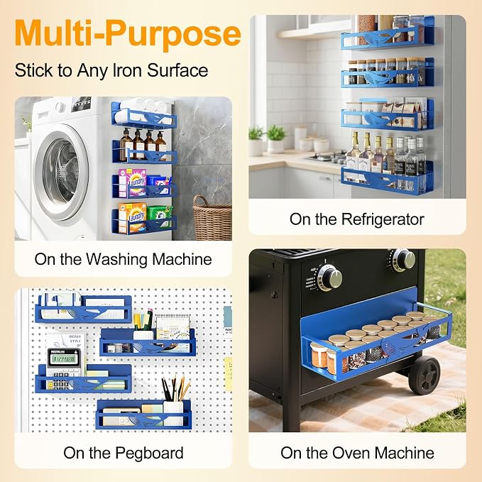 Magnetic Spice Rack for Refrigerator, 4 Pack Metal Magnetic Shelf Organizer for Fridge Side, Strong Spice Storage Rack for Kitchen, Dark Blue - Image 2