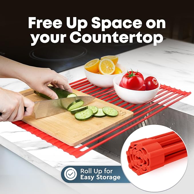 Zulay Kitchen Large Roll Up Dish Drying Rack - Heavy Duty Silicone Wrapped Steel Rods Over Sink Dish Drying Rack - Versatile Roll Up Sink Drying Rack & Trivet - Red,20.5 inches x 13 inches - Image 3