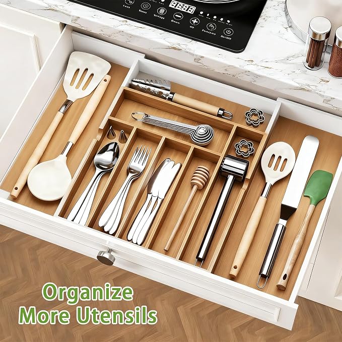 Bamboo Expandable Silverware Drawer Organizer, Adjustable Utensil Tray Cutlery Holder for Kitchen Drawer, Flatware Storage Organizer for Spoons, Forks and Knives, Natural (5 Slot,) - Image 7
