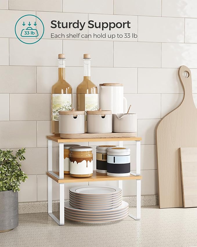 SONGMICS Cabinet Organizer Shelf, Set of 2 Kitchen Counter Shelves, Kitchen Storage, Spice Rack, Stackable, Expandable, Metal and Engineered Wood, Cloud White and Natural Beige UKCS02NW (Pack of 2) - Image 5