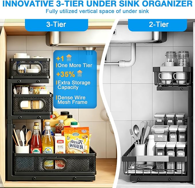 Thickened Meta 3-Tier Pull Out Under Sink Organizer 2 Pack | Height Adjustable Slide out Storage Drawer Rack for Kitchen Bathroom Home Organization| 35% More Storage Capacity - Image 3