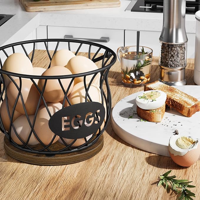 YINMIT Chicken Egg Basket for Gathering Fresh Eggs,Egg Collecting Basket | Wire Egg Holder Countertop,30-Egg Capacity,Metal Handle,Weighted Wood Base,Coop-To-Kitchen,Garden Harvest,Fruit Storage - Image 5