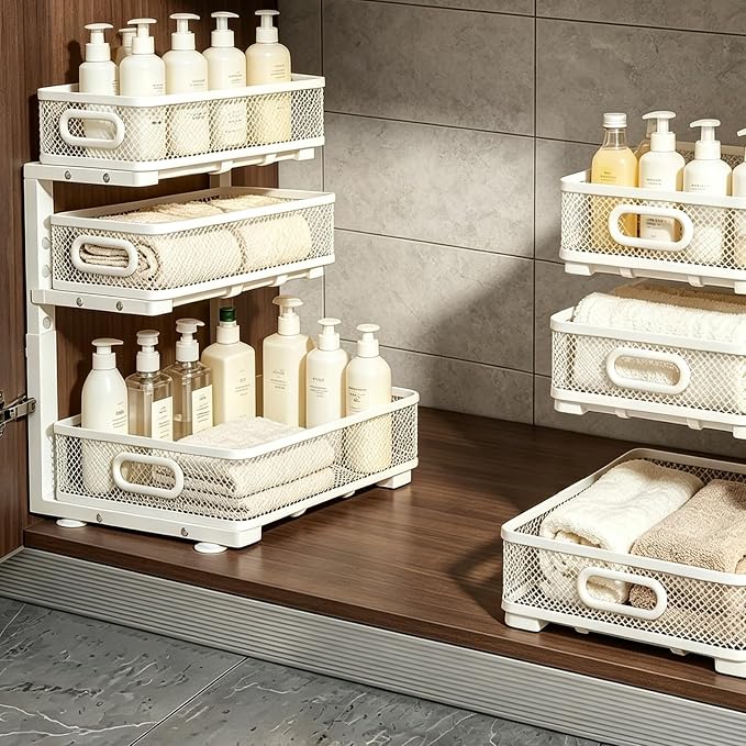1 Pack 3 Tier Under Sink Organizer with Pull Out Drawer, Height Adjustable Heavy Duty Metal Under Cabinet Organizer, Smooth Sliding Storage Shelf for Kitchen, Bathroom Cabinet Organization, White - Image 5