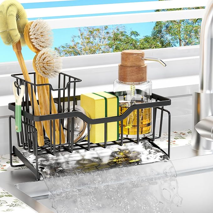 StorageRight Sponge Holder for Kitchen Sink, Stainless Sink Caddy Organizer | Rustproof Kitchen Sink Organizers with High Brush Holder & Self Drain Tray, Anti-Slip Kitchen Countertop Storage Essentials by StorageRight
