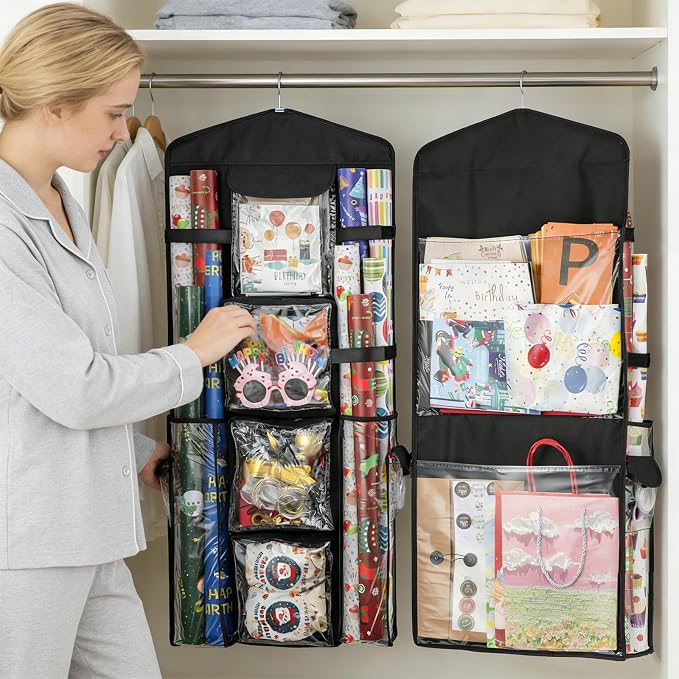 Christmas Wrapping Paper Organizer Storage, Hanging Gift Bag Storage Organizer, Double-Sided Wrapping Paper Holder Storage - Black - Image 2