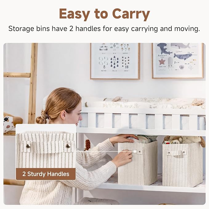 StorageWorks Narrow Storage Bins, Tall Storage Basket, 2-Pack | Khaki and Beige Stripes, Reinforced Handles, Sturdy Structure, For Bathroom, Closet, Shelf, Storage Makeup, Socks, Underwear - Image 5