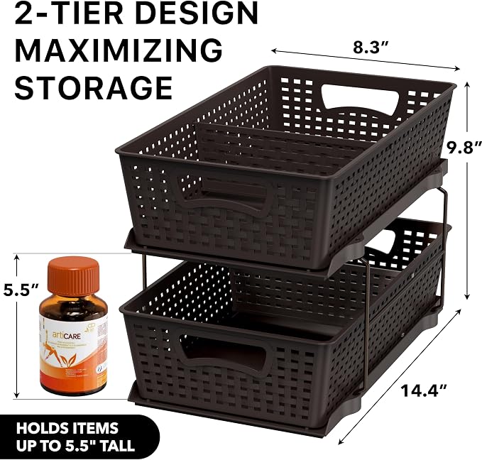 Simple Houseware 2 Tier Pull-Out Sliding Drawer Under Sink Storage, Brown | Great for Kitchen Bathroom Tray Shelf Organizer - Image 2