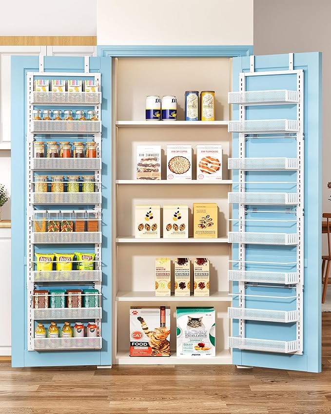 SNTD 8 Tiers Narrow Over the Door Organizer, 12.3"W x 4.7"D x 69"H, White | Pantry Door Organizers and Storage, Height Adjustable Spice Rack, Dense Mesh Baskets, Anti-Swing, Adjustable Door Fastener by SNTD
