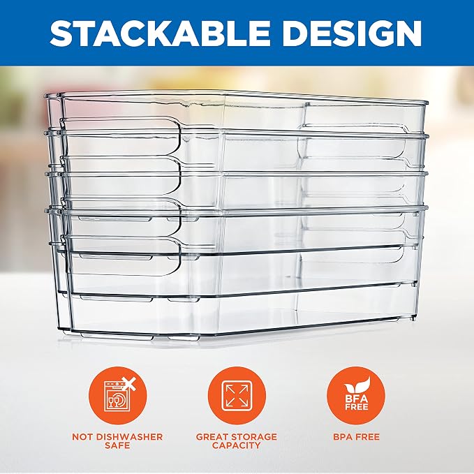 NutriChef Set of 8 Refrigerator Bins-4 Wide and 4 Narrow Stackable Fridge Organizers for Freezer, Kitchen, Countertops, Cabinets-Designed with Practical Carry Handles and Interior, 8 containers, Clear - Image 6