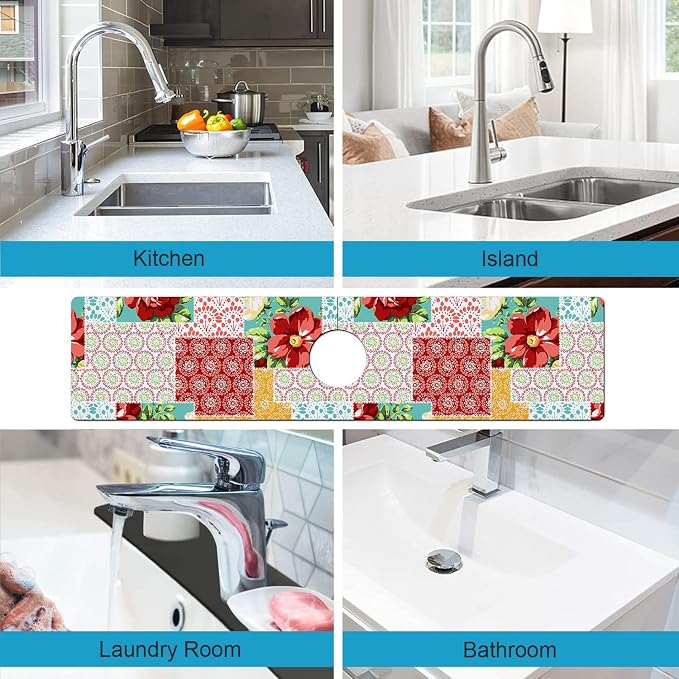 Kitchen Sink Splash Guard Faucet Mat Super Absorbent Fast Drying Mat Sink Gadgets Splash Guard Behind Faucet Drip Catcher for Kitchen (Boho Trellis, 23.5x5.5in) - Image 4