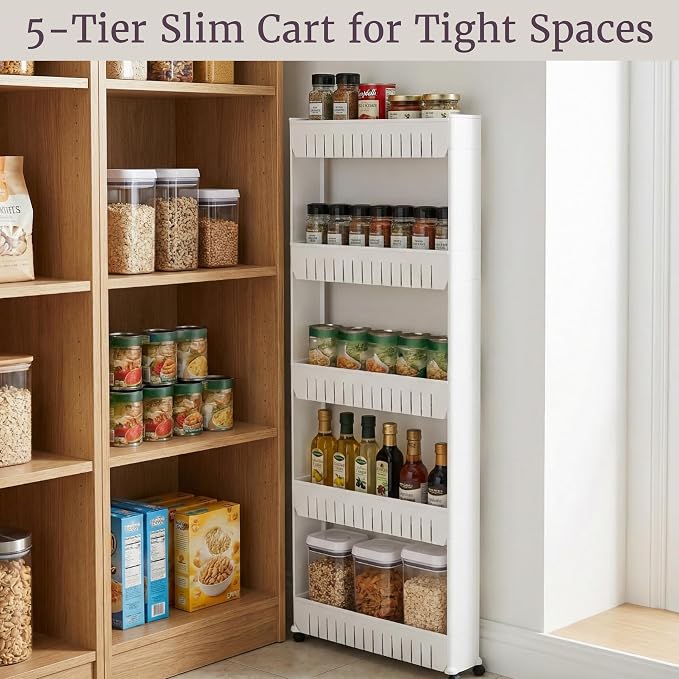 Lavish Home Slim Rolling Storage Cart, White, 21.5” x 5” x 52” - Image 6