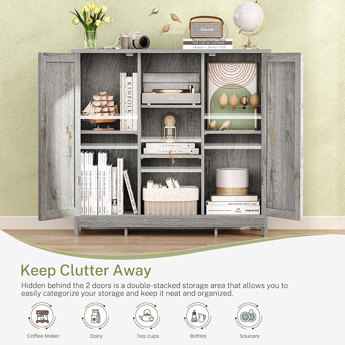 Iwell Storage Cabinet with 2 Doors and 4 Adjustable Shelves, Buffet Cabinet with Storage, Floor Cabinet for Living Room, Entryway, Kitchen, Rustic Gray - Image 4