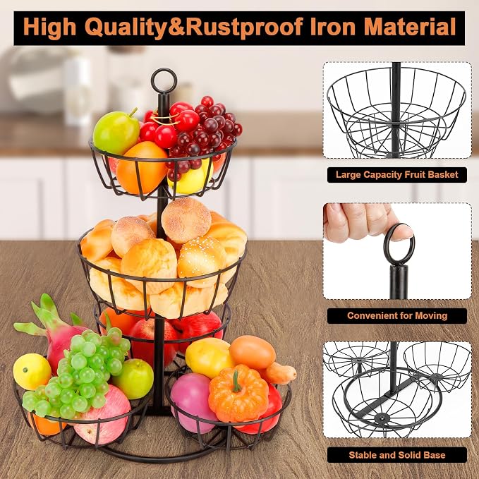 Livabber Fruit Basket Bowl, Metal Fruit Vegetable Storage Basket for Kitchen Counter, Large Capacity Vegetable Holder Rack Detachable Organizer for Bread Snack Produce (Black, 5-Tier Metal Base) - Image 3