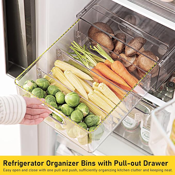 4 Pack Refrigerator Organizer Bins with Pull-out Drawer Stackable Clear Fridge Drawer Organizer Fruit Vegetable Storage Containers for Kitchen Pantry Organization (2 Large+2 Small) - Image 2