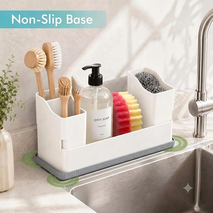 Sponge Holder for Kitchen Sink with Drying Stone, White | Kitchen Caddy Sink Organizer, 2 Removable Cups, Premium ABS, Anti-Slip, 12.7" Sponge and Soap Holder for Kitchen Counter - Image 3