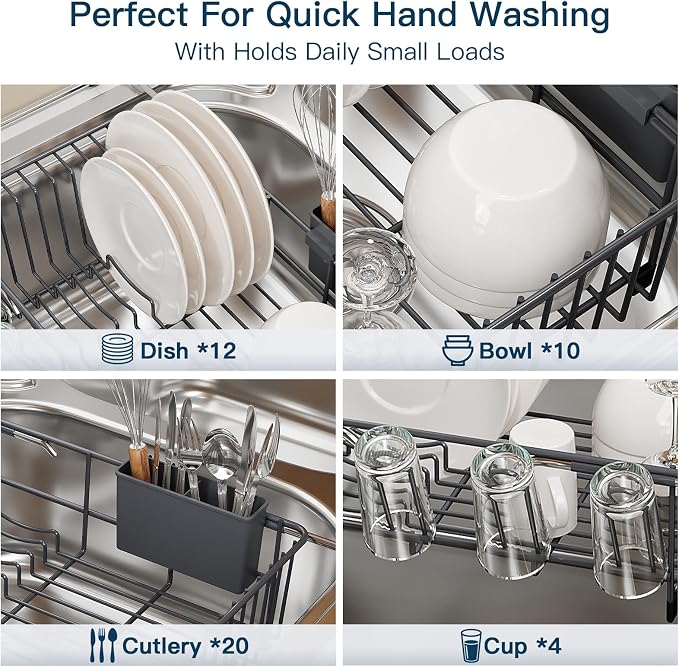 Grey Dish Drying Rack Over Sink with Utensil Holder, Drainboard | Expandable Stainless Steel Dish Drainer for Small Kitchen, Apartment, RV, Counter Space Saving, Perfect Fit, Rustproof - Image 7