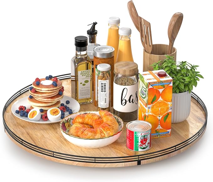 AMH 24-Inch Extra Large Farmhouse Oak Lazy Susan Organizer | Smooth rotating oak tray with walnut finish for dining tables, kitchen counters, pantries and cabinet storage. by AMH
