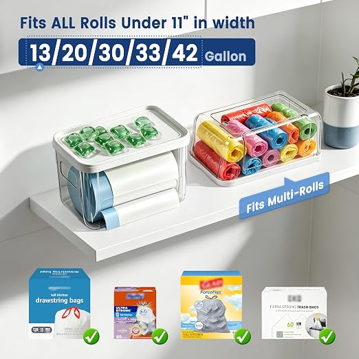 Trash Bag Dispenser with Laundry Pod Storage, Clear Under Sink Organizer | 3-in-1 Stackable Cabinet Bin, Laundry Pod Storage, Trash Bag Dispenser Fits 13/30/33/42 Gallon Garbage Bags - Image 3