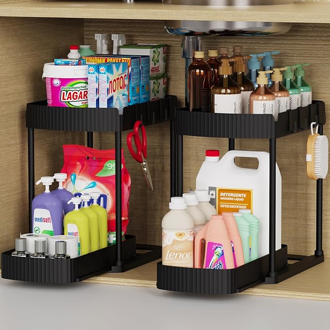 2 Packs Under Sink Pull-Out Storage Organizers, 12.8 Inches, Black | Multi-Purpose Cabinet Organizers and Storage for Bathroom & Kitchen by ukeetap