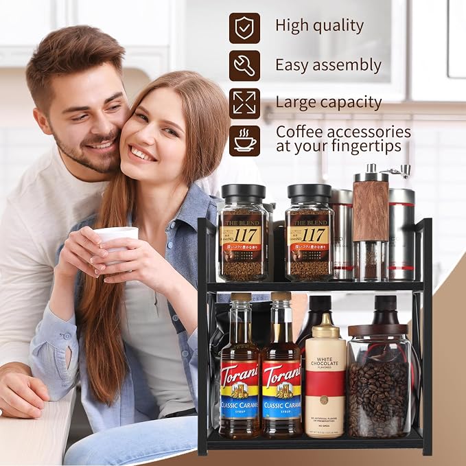 YINMIT Kitchen Countertop Organizer,Spice Rack,Coffee Bar Shelf Organizer | 2-Tier Coffee Station,Seasoning Storage,Syrup,Mug Cup,Bottle Holder,Bathroom Vanity,Pantry,Bedroom and Office,Black,Medium - Image 7