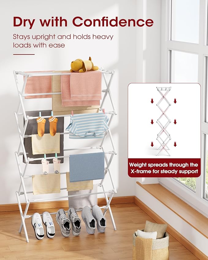Sakugi Foldable 4-Tier Clothes Drying Rack 50.0" H with Non-Slip Feet | Indoor & Outdoor Use, Space Saving, Metal Frame, 11.4" D x 29.1" W, White - Image 2