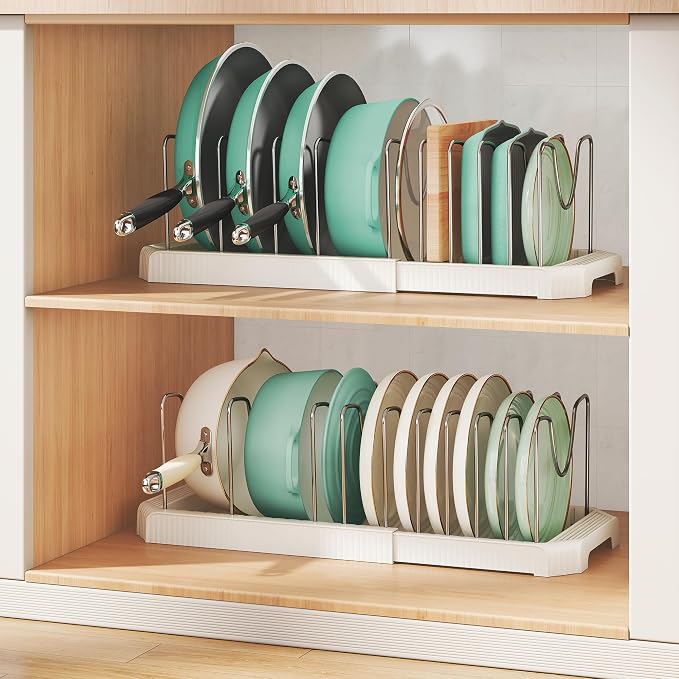 Expandable Pan Organizers Inside Cabinet with 10 Dividers White | Extends 12.9-21.9", Holds cookie sheets, cutting boards, pot lids and pans, iron dividers, plastic base, under cabinet rack - Image 9