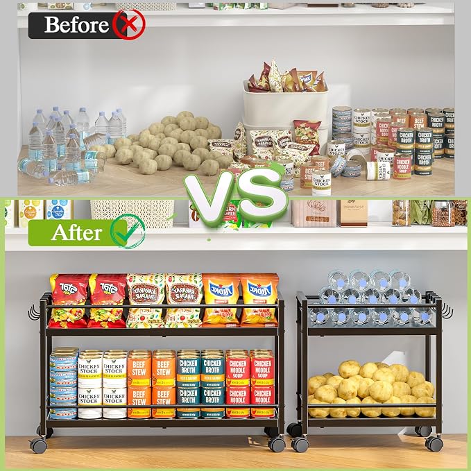 1 Pack 2-Tier Expandable Pantry Floor Organizer Cart, Rolling Pantry Storage Cart with Wheel, Adjustable Can Organizer for Kitchen Pantry, Pantry Shelves and Storage Rack for Snacks, Vegetables, Black - Image 5