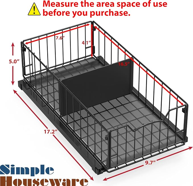 Simple Houseware Pull-Out Cabinet Sliding Basket, 17.2Dx9.7Wx5H, Black | Ideal for Kitchen and Bathroom Cabinet Storage Organizer, Under Sink or Pantry Organization - Image 2